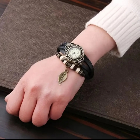 Retro Boho Vibe Faux Leather Beaded Feathered Detail Bracelet Watch. NWOT - Picture 4 of 4